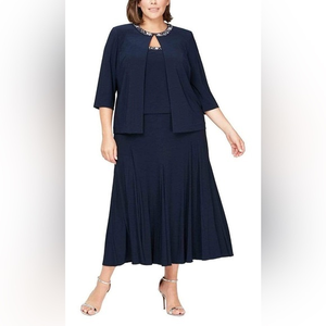 Alex Evenings Dark‎ Blue Tea Length Formal Dress | Plus Size 18W
